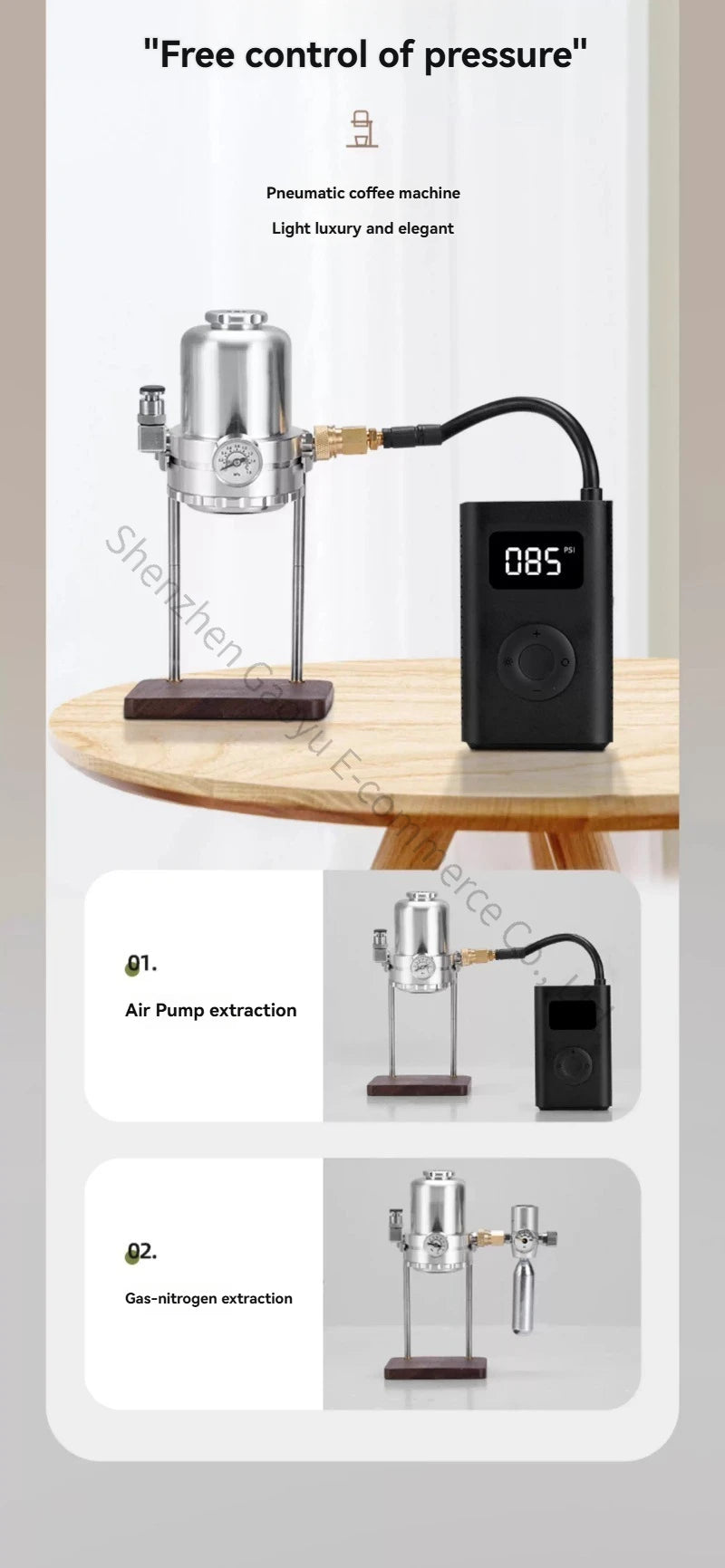 Stainless steel pneumatic coffee maker with digital air pump pressure gauge on wooden base for manual extraction.
