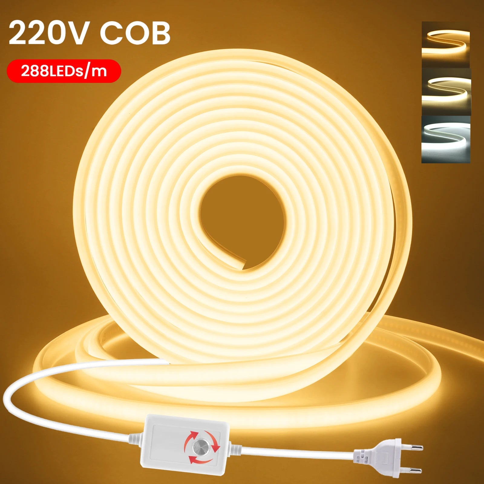220V Dimmable COB LED Strip Light 288 LEDs/M Dimmer Switch ON/OFF Waterproof EU Plug Flexible Neon Lamp Decor 3000K 4000K 6000K