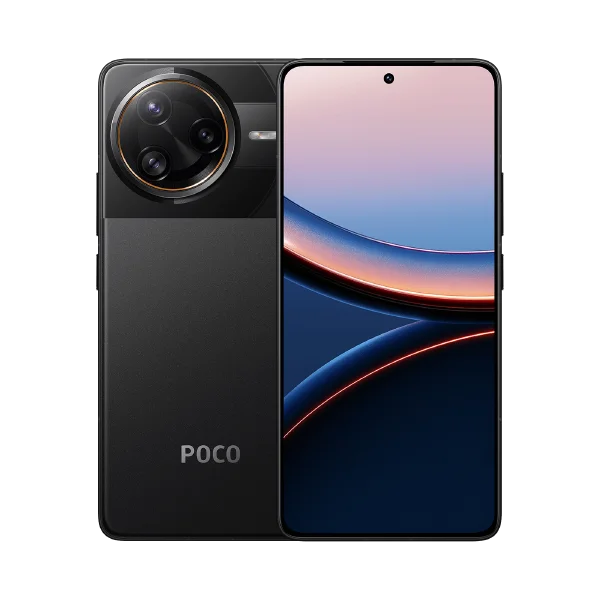 Black Poco smartphone showing a circular triple-camera module on the back and a vibrant, full-screen display on the