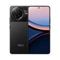 Black Poco smartphone showing a circular triple-camera module on the back and a vibrant, full-screen display on the
