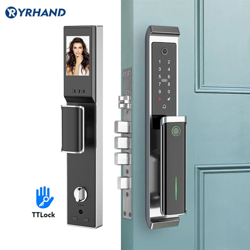 Digital door lock on door with keypad and fingerprint reader, plus exterior latch cover
