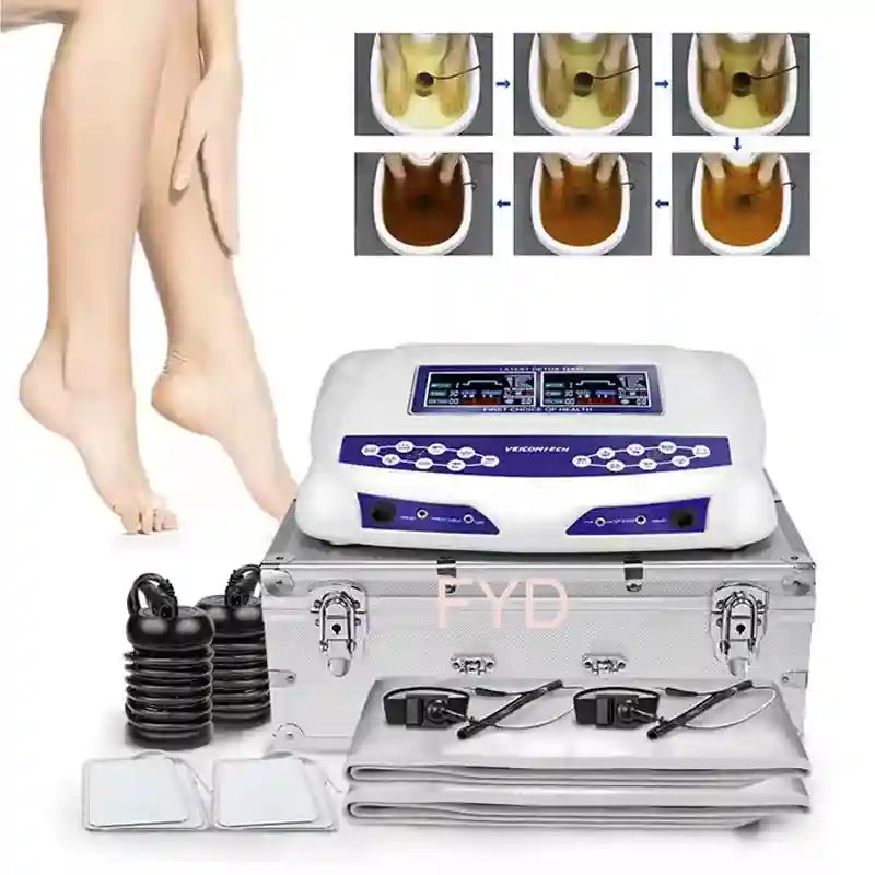 Dual ionic foot detox spa machine with FIR belts, 8 modes, two ion arrays, and carrying case for home health cleansing.