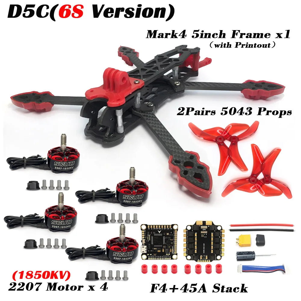 5 Inch FPV Racing Drone Kit - Carbon Fiber Frame 6S Performance D5C 6S Version Tidesmit