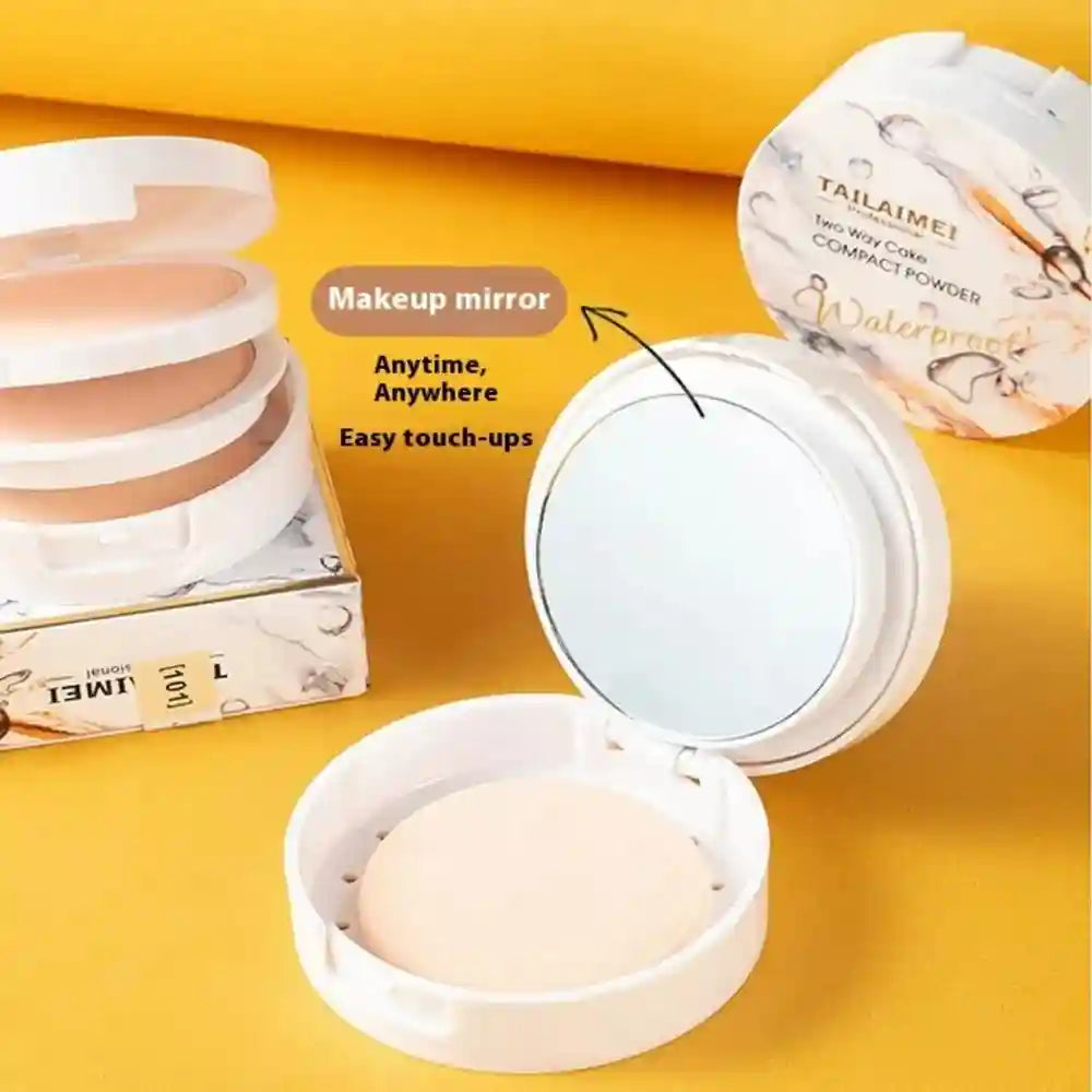 Tidesmit TLM TAILAIMEI matte two-way cake compact powder texture close-up for oil control and lightweight face makeup