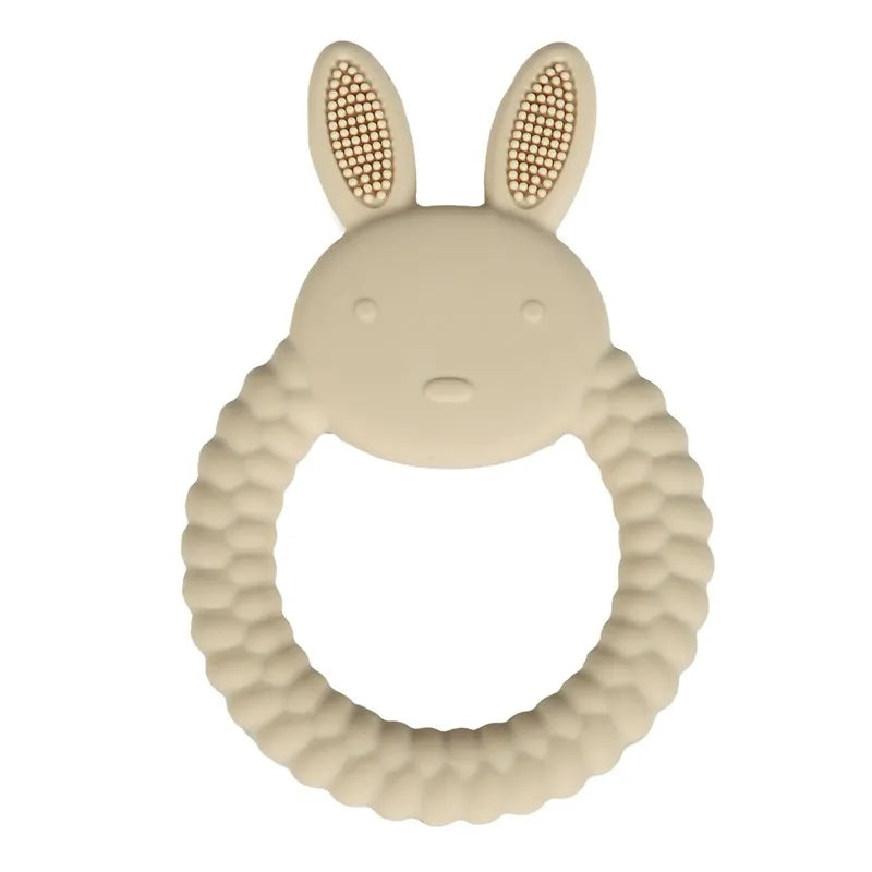 Beige silicone bunny teething ring for baby teething relief.