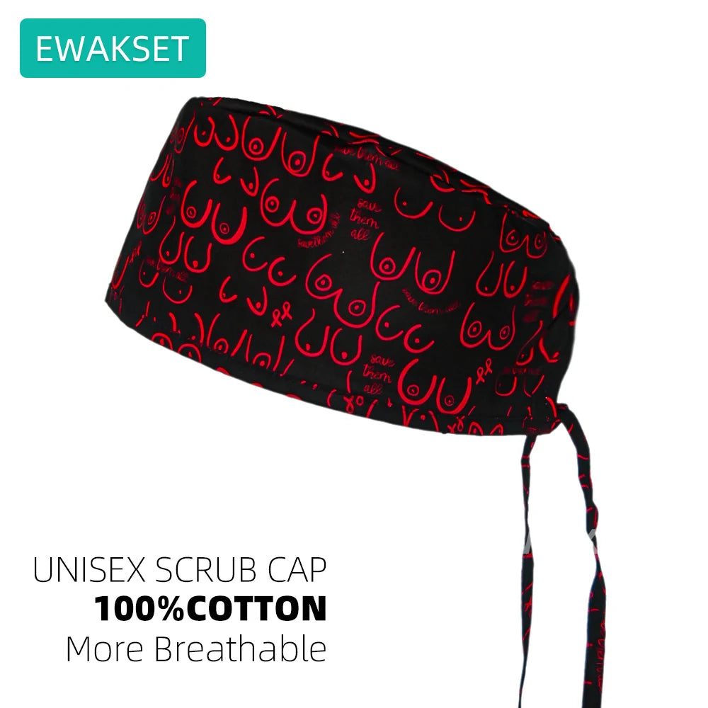Adjustable unisex scrub cap, 100% cotton, black with red print for vet, medical, and dental professionals. Breathable.