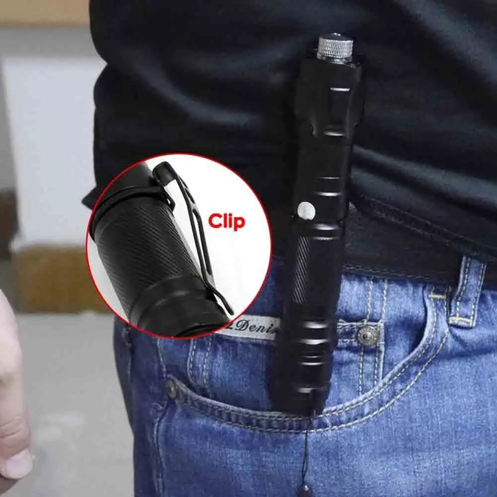 Black metal cat laser pointer toy with pocket clip for easy carrying, adjustable focus for interactive pet exercise.