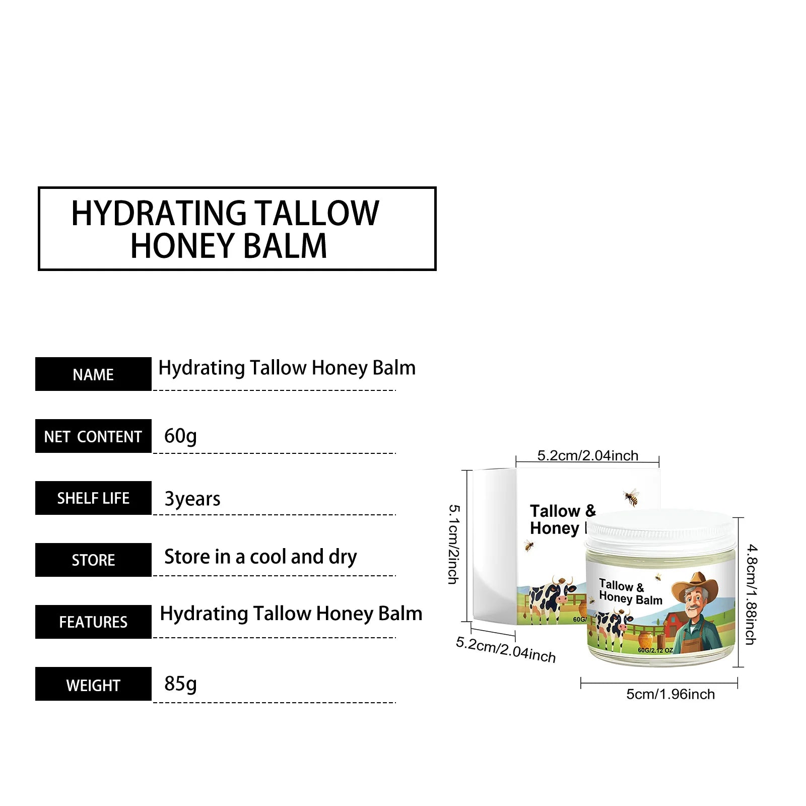 Hydrating Tallow & Honey Balm Skin Nourishing Smoothing Delicate Moisturizer to Improve Texture for Soft Firm Skin Daily Skincar