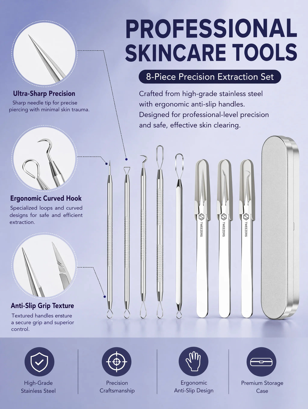 Stainless Steel Acne Needle Set of 8 Pieces, High-Density Blackhead Tweezers, Professional Acne Extraction Needles, Tool for Removing Closed Comedones, Portable Storage Set for Home and Beauty Salon Use