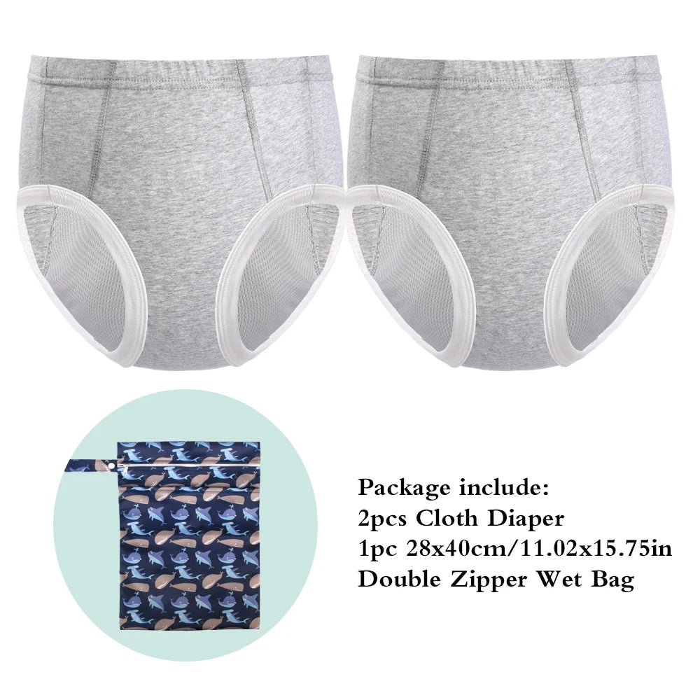 2-pack grey baby cloth diapers with a 28x40cm whale-print double zipper wet bag for baby care.