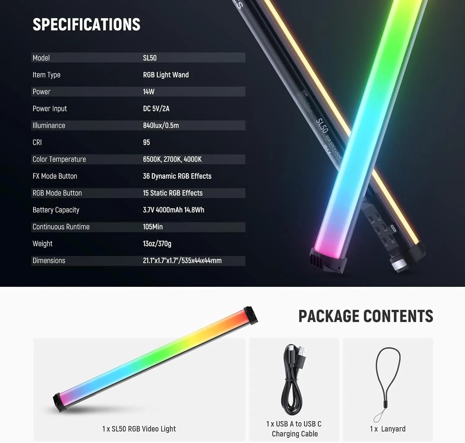 SL50 RGB light wand with spectrum colors, black casing, USB-C charging cable, and lanyard for photography lighting.