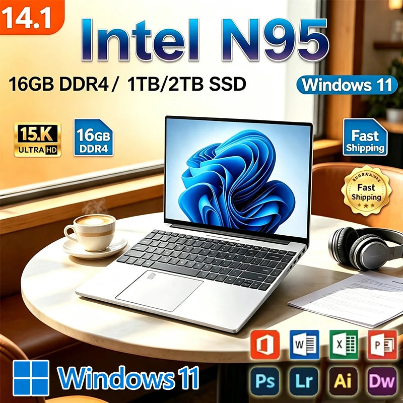 2026 New14.1 Inch Ultra Thin Laptop Intel N95 Win11 DDR4 2TB SSD Portable Slim Business Office Student Notebook PC 16GB 32GB RAM