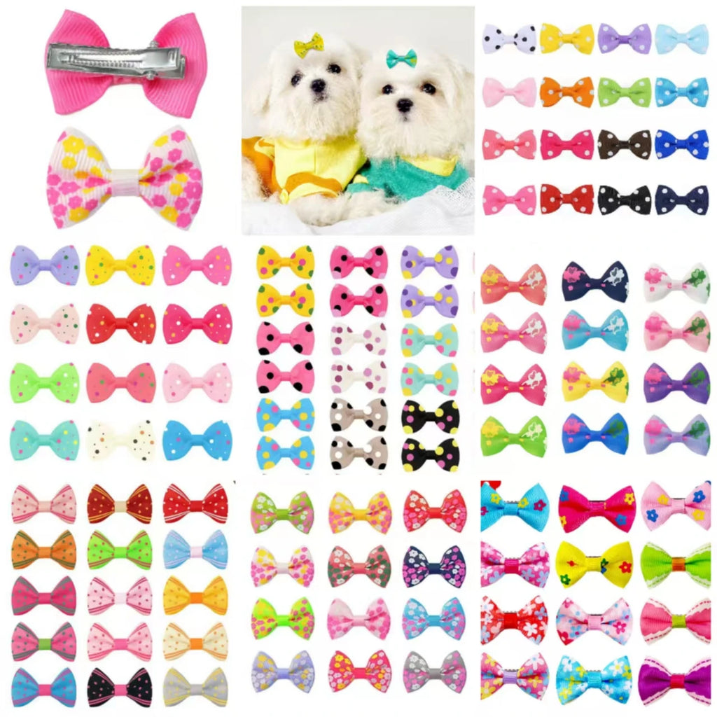 Colorful dot bow hair clips for small dogs and cats. Cute assorted pet grooming barrettes for stylish pet hair styling.