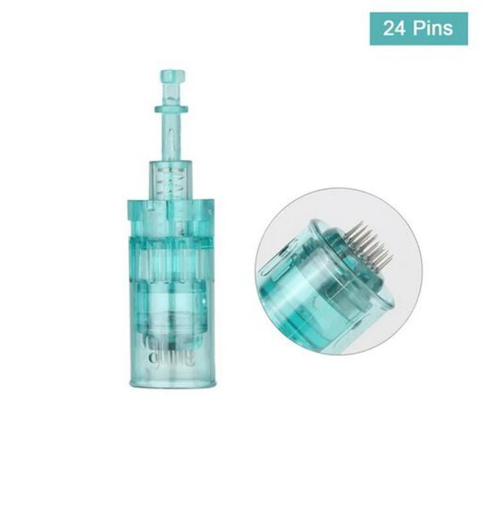 Translucent teal 24-pin microneedle cartridge for cosmetic skin needling devices.