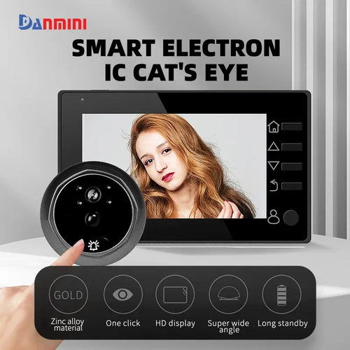 Black video doorbell peephole with round camera lens and 4.3-inch display screen