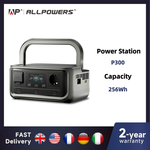 Compact grey ALLPOWERS P300 portable power station with top handle, digital display, AC outlet, and USB charging ports.