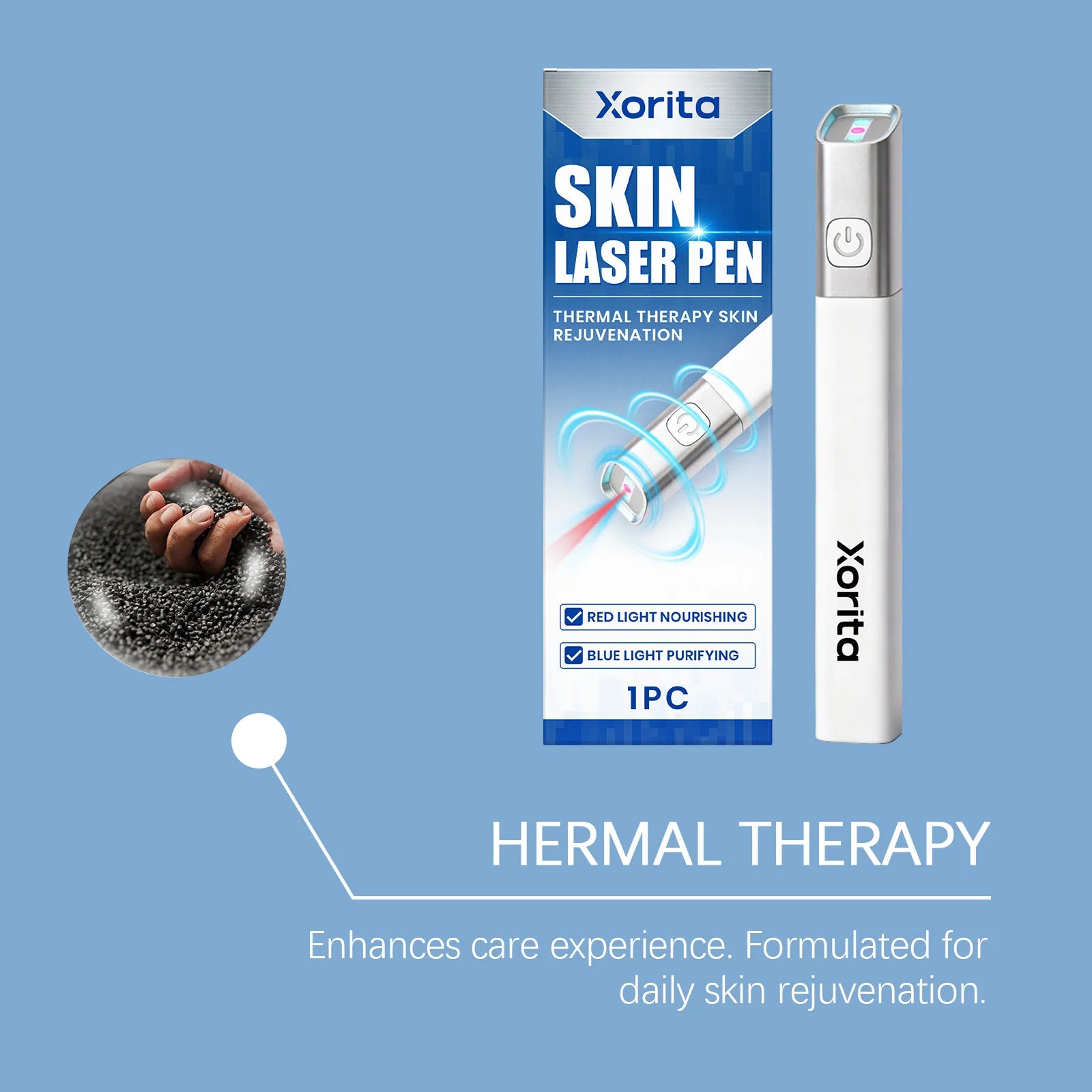 Xorita white laser plasma pen for skin tag, freckle, and mole removal with red and blue light therapy features.