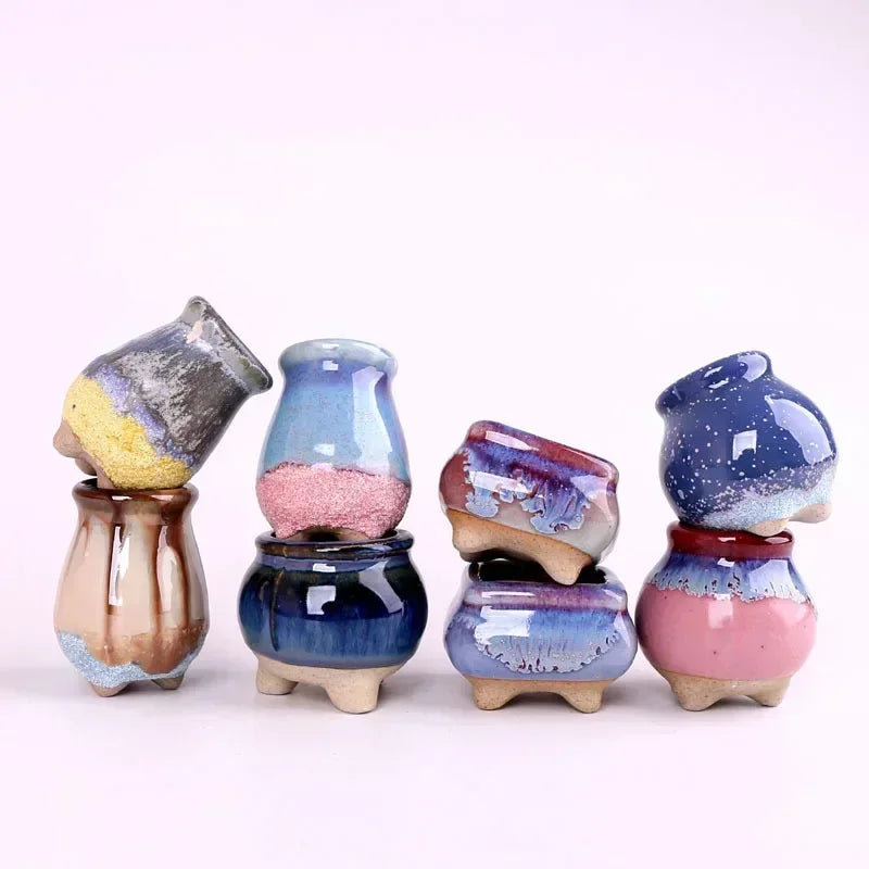 Set of mini ice-crack ceramic flower pots for succulents, assorted blue, pink, purple, tan