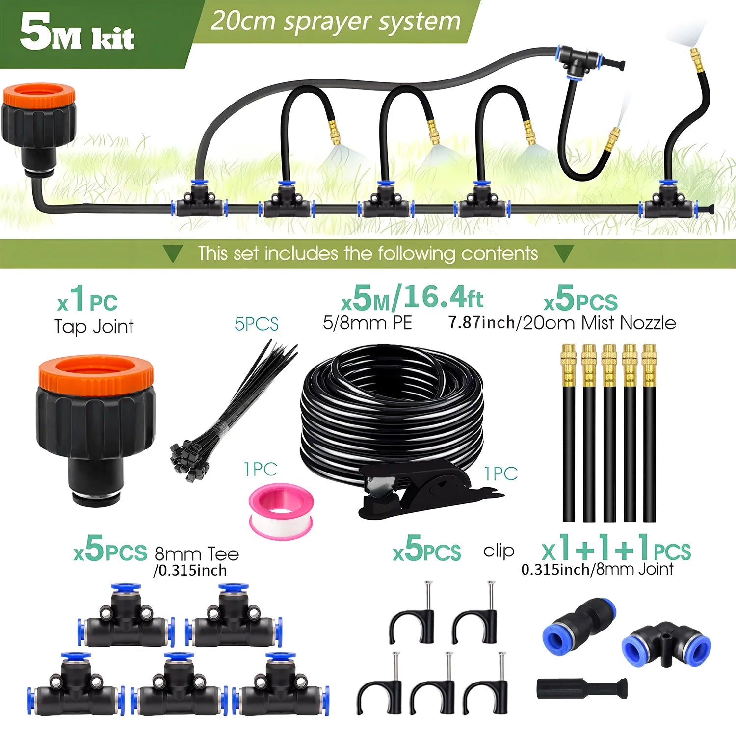 30M-5M DIY Free Bending Universal Sprayer Kit 8mm Hose Patio Misting Cooling System for Garden Plant Fogging Watering Irrigation