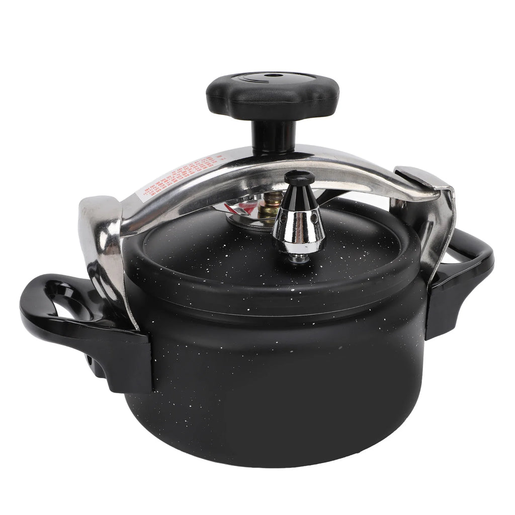 Black speckled aluminum pressure cooker with domed lid, steam release valve, and side grips