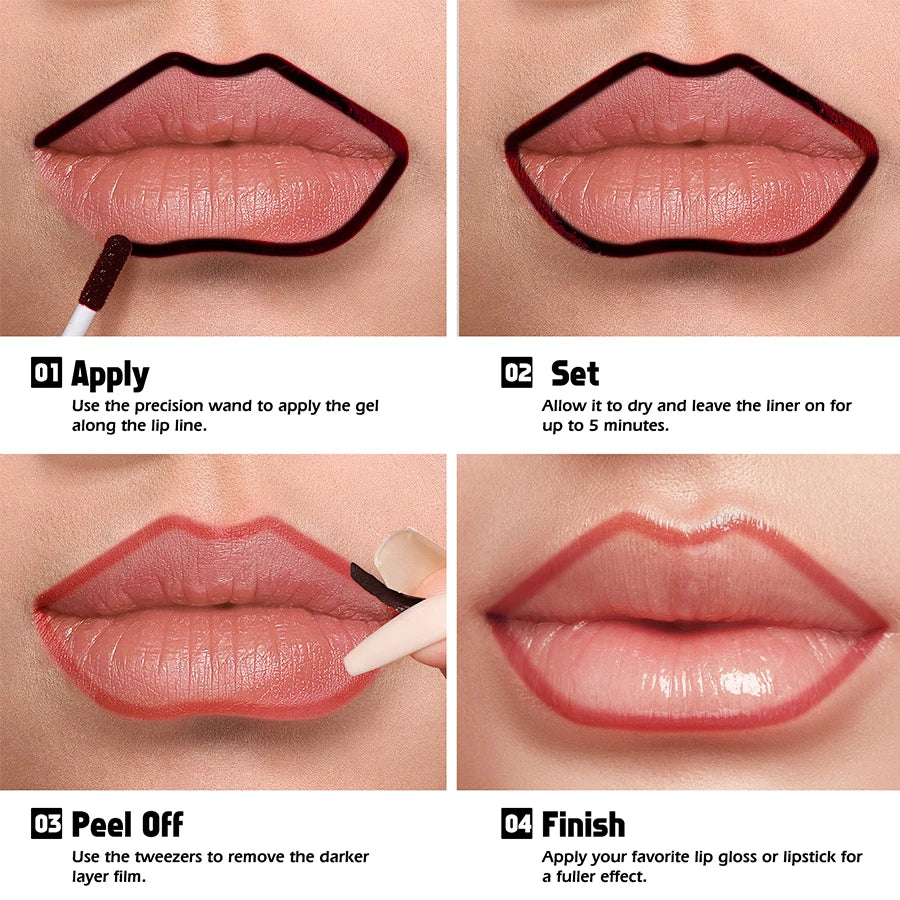 Application steps for waterproof, long-lasting peel-off lip liner stain in pink, showing precision wand and finish.