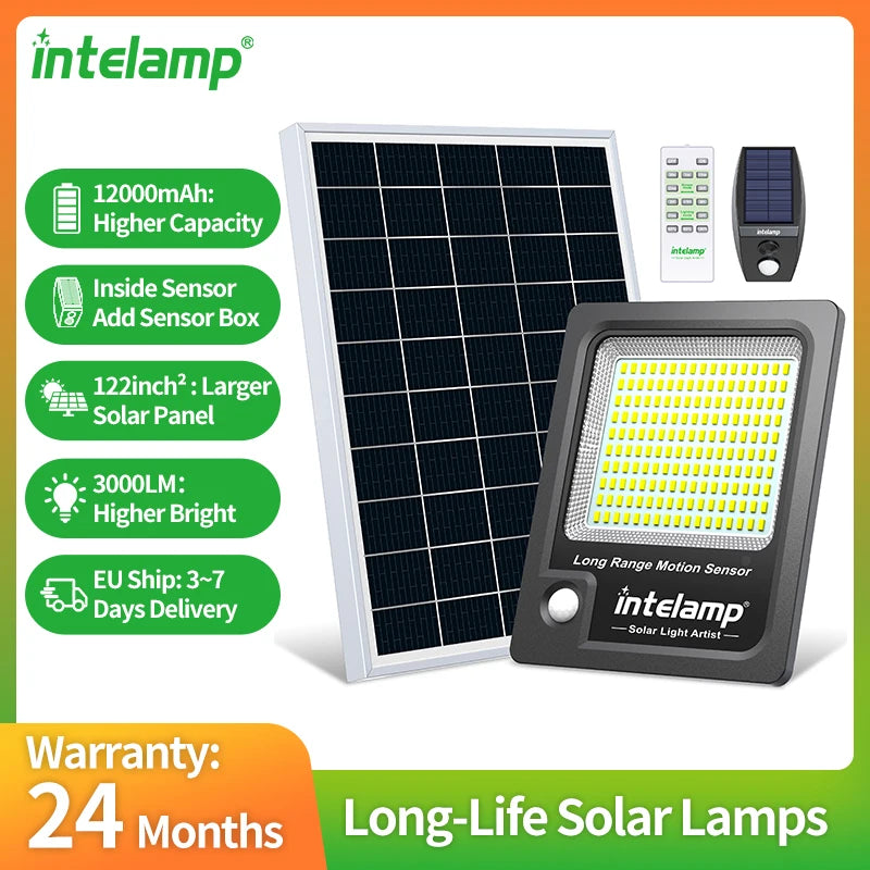 Intelamp 12000mah 3000LM Solar Lights Outdoor Lamp IP66 With Larger Solar Panel Two Motion Sensors For Garden Street Wall Yard
