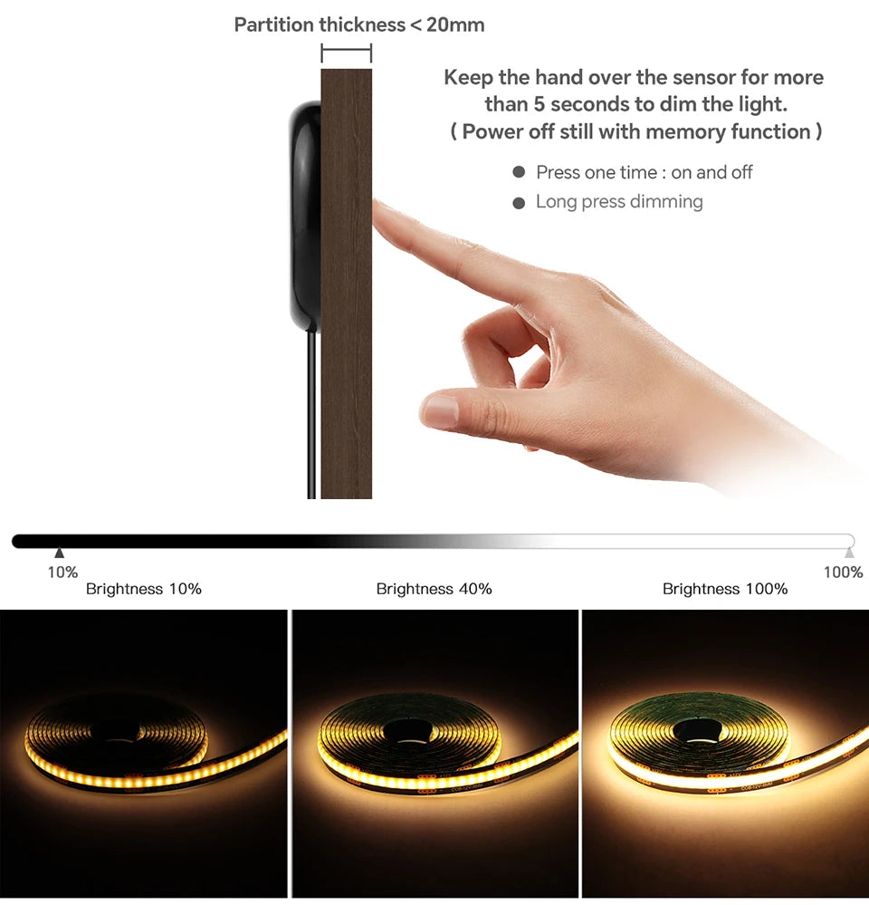 Touch Dimmer COB LED Strip Light, No Hole Install, Penetrate Wood/Glass Control, 12V Warm/Neutral White, for Acoustic Wall Panel