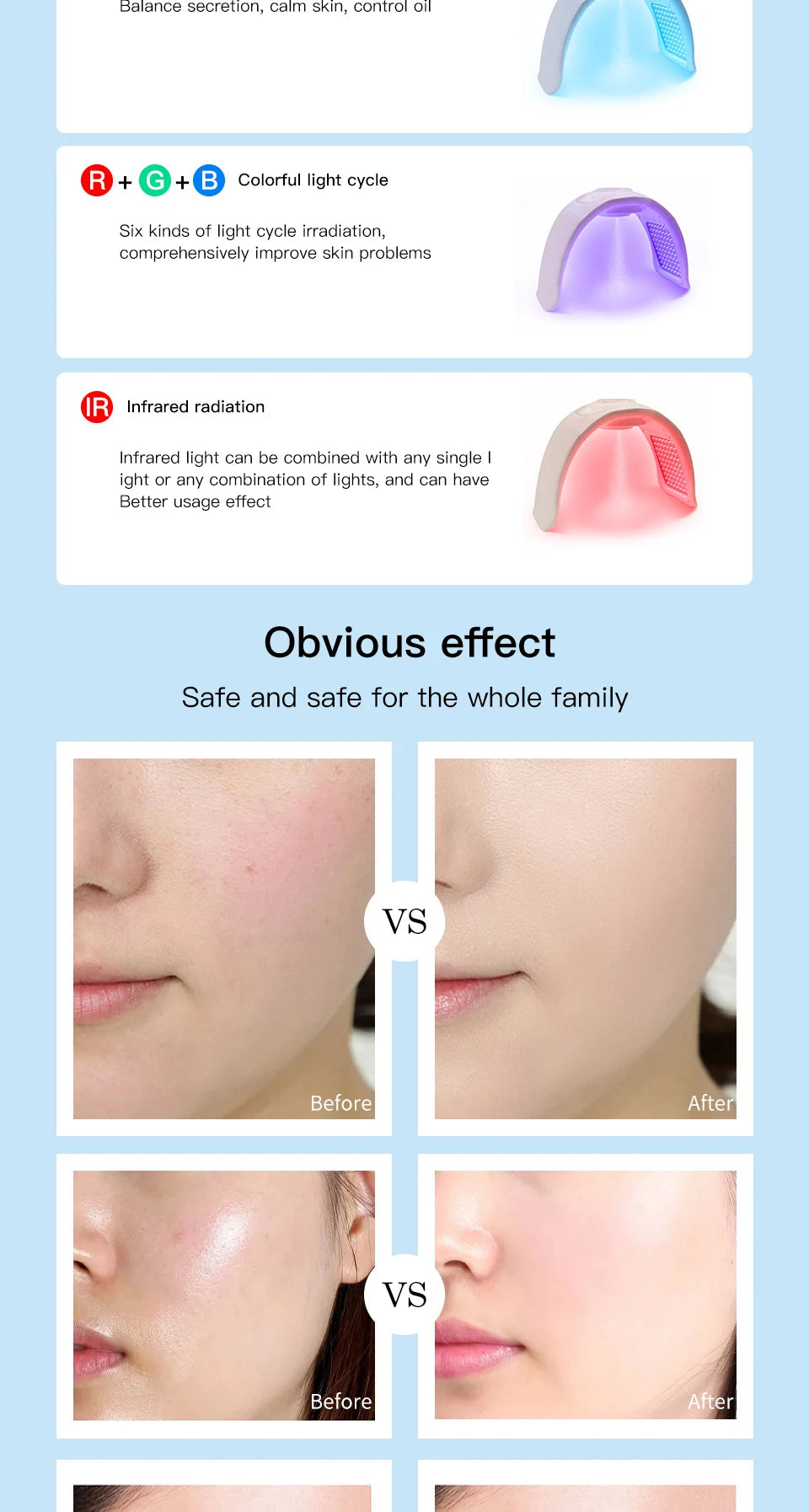 8-color LED light therapy mask for home facial rejuvenation, showing color cycles and skin improvement before-afters.