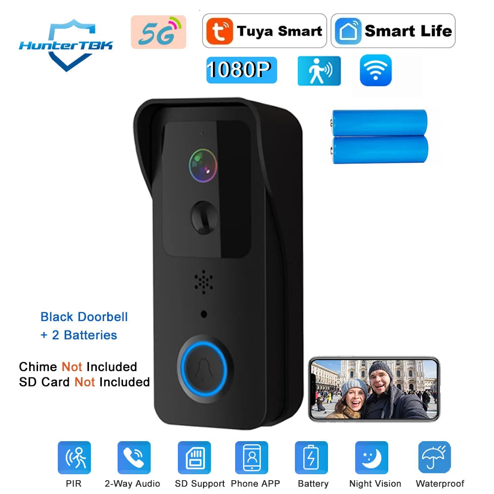 Black WiFi video doorbell with 1080P camera, no chime or SD card