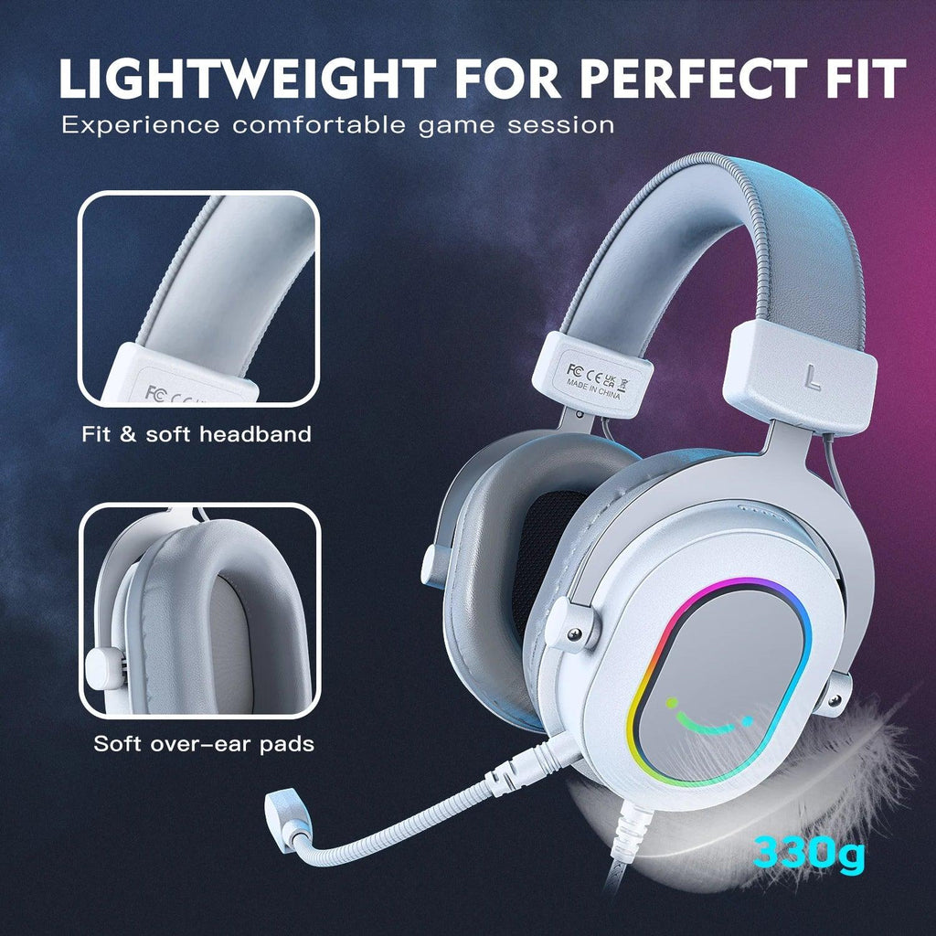 FIFINE RGB Gaming Headset with 7.1 Surround Sound/3-EQ/MIC,Over-ear Headphone with In-line Control for PC PS4 PS5 Ampligame-H6W Tidesmit