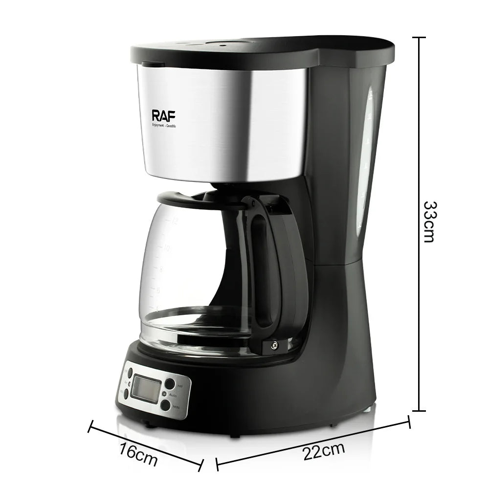 RAF programmable black and silver drip coffee maker with glass carafe, 33cm tall, showing dimensions.