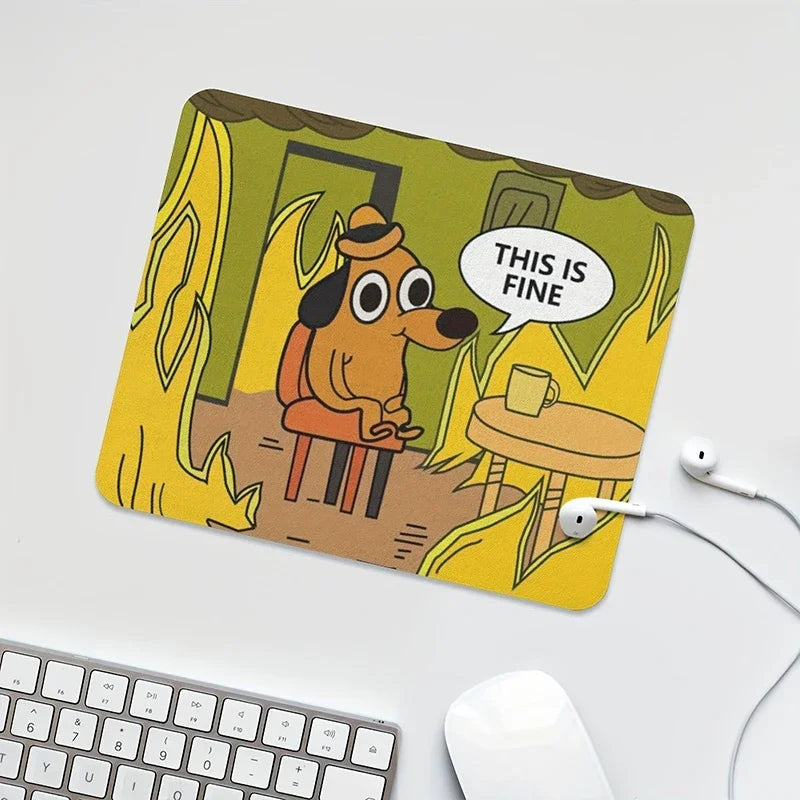 This Is Fine dog meme non-slip rubber mouse pad for PC desk setup, perfect for office gaming and pet lovers.
