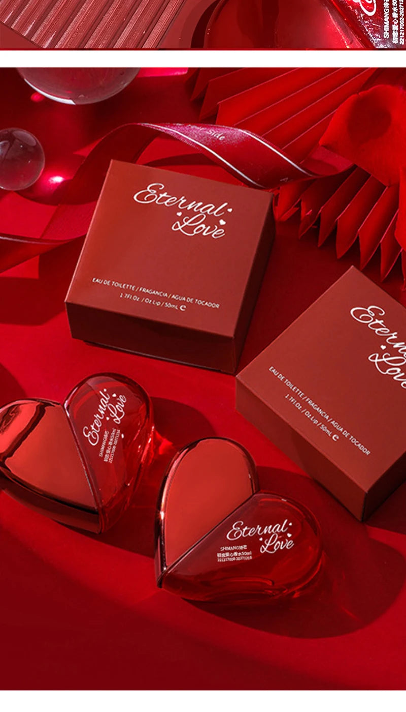 Shimang Eternal Love floral EDT for women. Red heart-shaped bottle, long-lasting fresh elegant fragrance spray.
