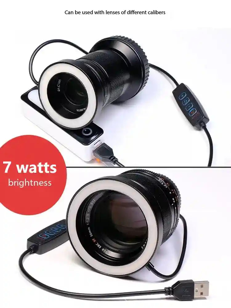 Black circular LED ring light for camera lenses with USB power cable and brightness control switch.
