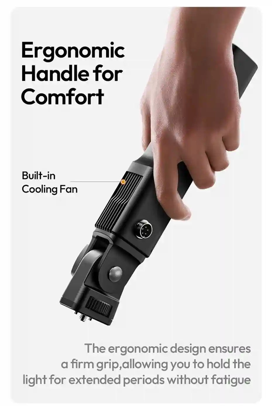 Handheld matte black ergonomic light handle with a built-in cooling fan and adjustable pivot joint for grip.