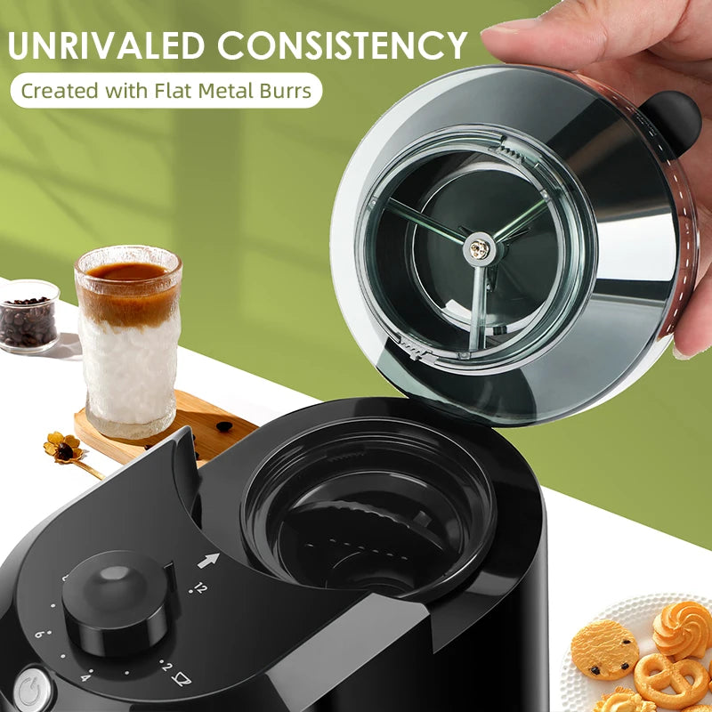 Black flat burr coffee grinder with adjustable settings, hopper lid open, for consistent home coffee brewing.