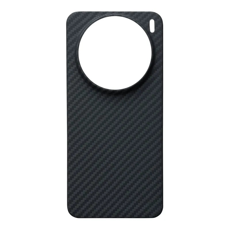Black carbon fiber rectangular phone case with a large circular camera cutout and small sensor hole.