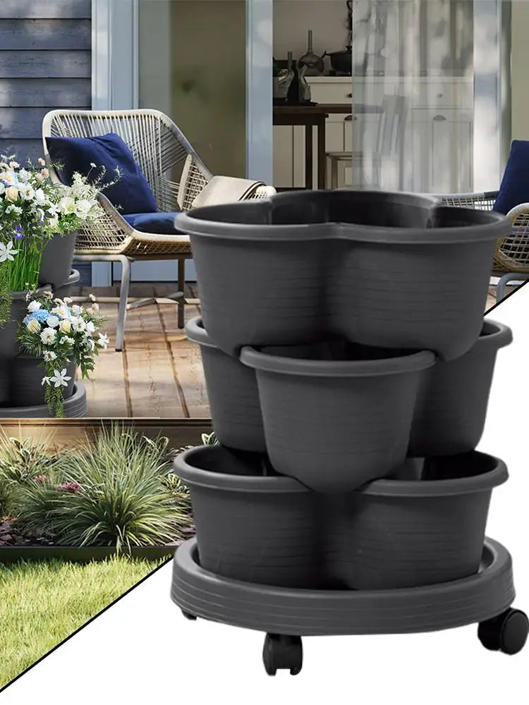 Front view of dark gray 3-tier stackable planter tower with wheels