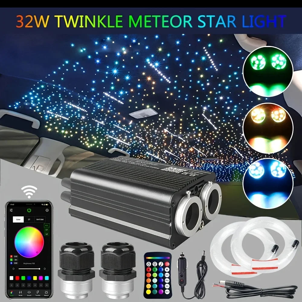 1200PCS Twinkle Starlight Headliner DIY Kit – Fiber Optic Car Ceiling Lights with Meteor Effect, RGBW Modes, Bluetooth Control