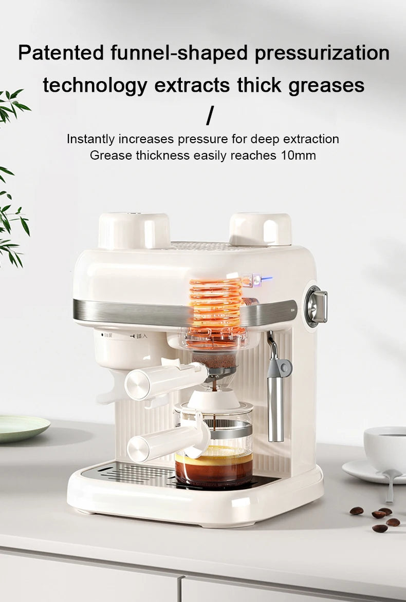White espresso machine with patented funnel pressure technology for deep extraction and thick coffee crema.