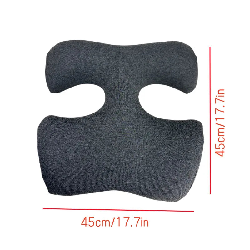 Charcoal grey contoured salon prone massage pillow with center cutout, 45cm x 45cm size shown with red dimension lines.
