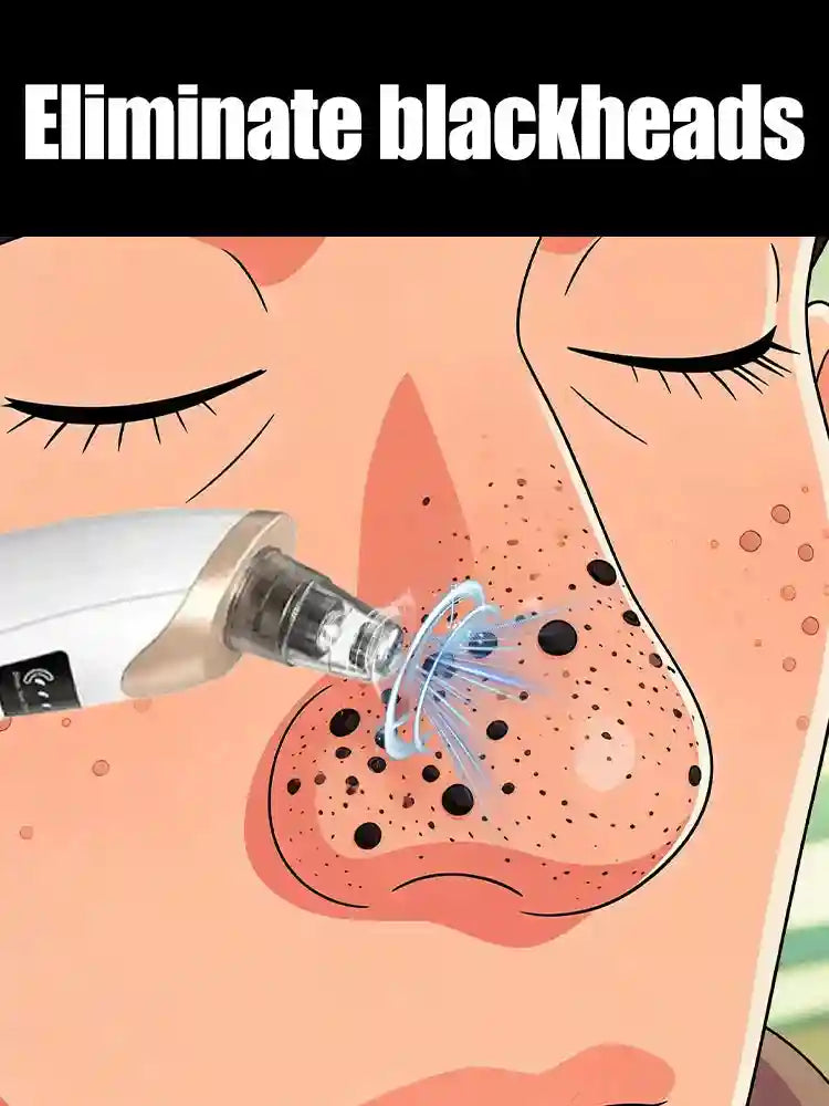 White and gold electric blackhead remover vacuum tool cleaning pores on a nose illustration.