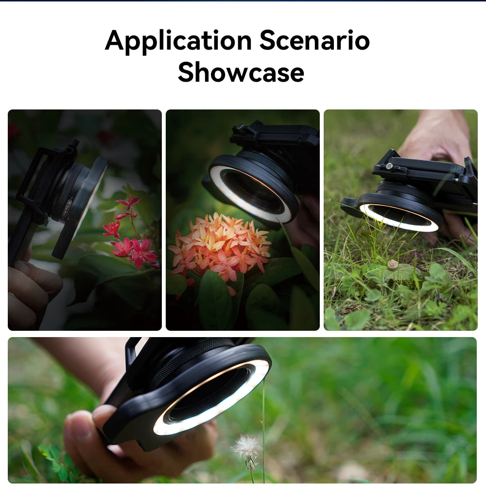 Round black LED macro ring light attached to a smartphone for illuminating close-up photography of nature.