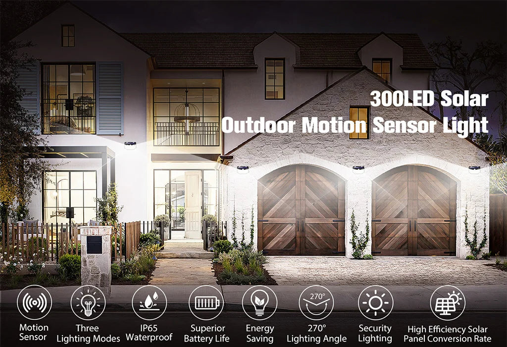 300 LED Solar Outdoor Lights 270° Wide Angle Motion Sensor Security Wall Lamp IP65 Waterproof for Garden