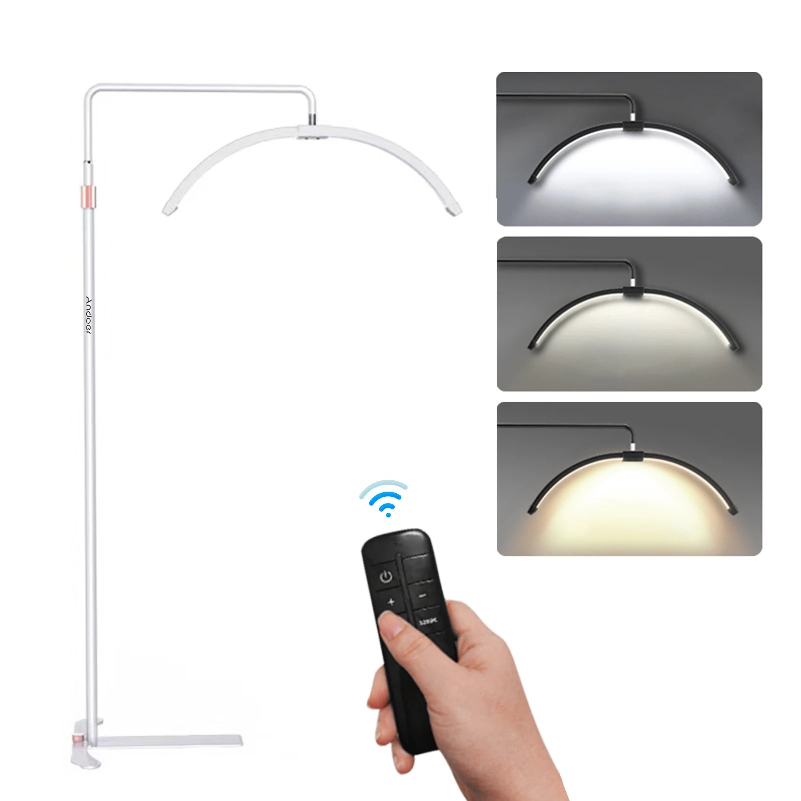 White half-moon floor lamp for beauty tasks with adjustable color temperature and handheld remote control.