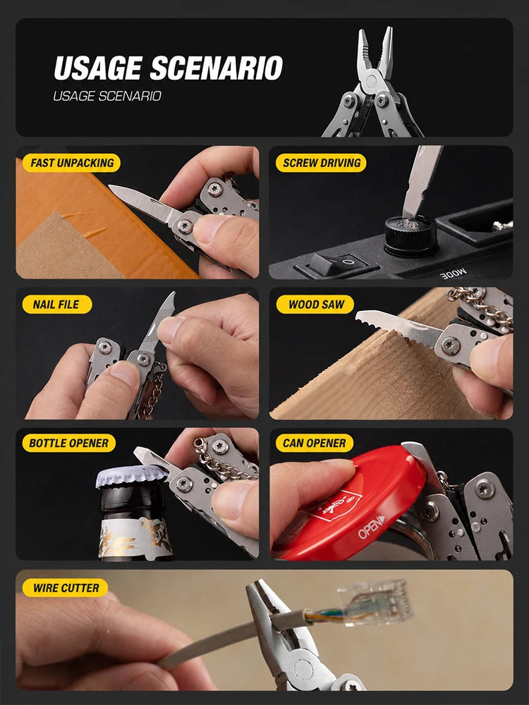 All-Steel Multi-Function Pliers Tool Foldable Pocket Keychain Knife Set with Bottle Opener Screwdriver for Outdoor Hiking