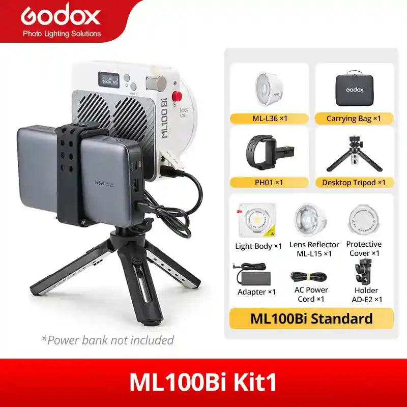 ML100Bi LED light kit with white light body, mini tripod, reflector, power cables, and carry bag for photography.
