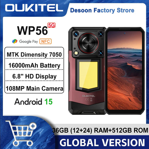 Oukitel WP56 5G rugged smartphone, red/black, 16000mAh battery, 108MP camera, 6.8" display, Android 15, front and rear.
