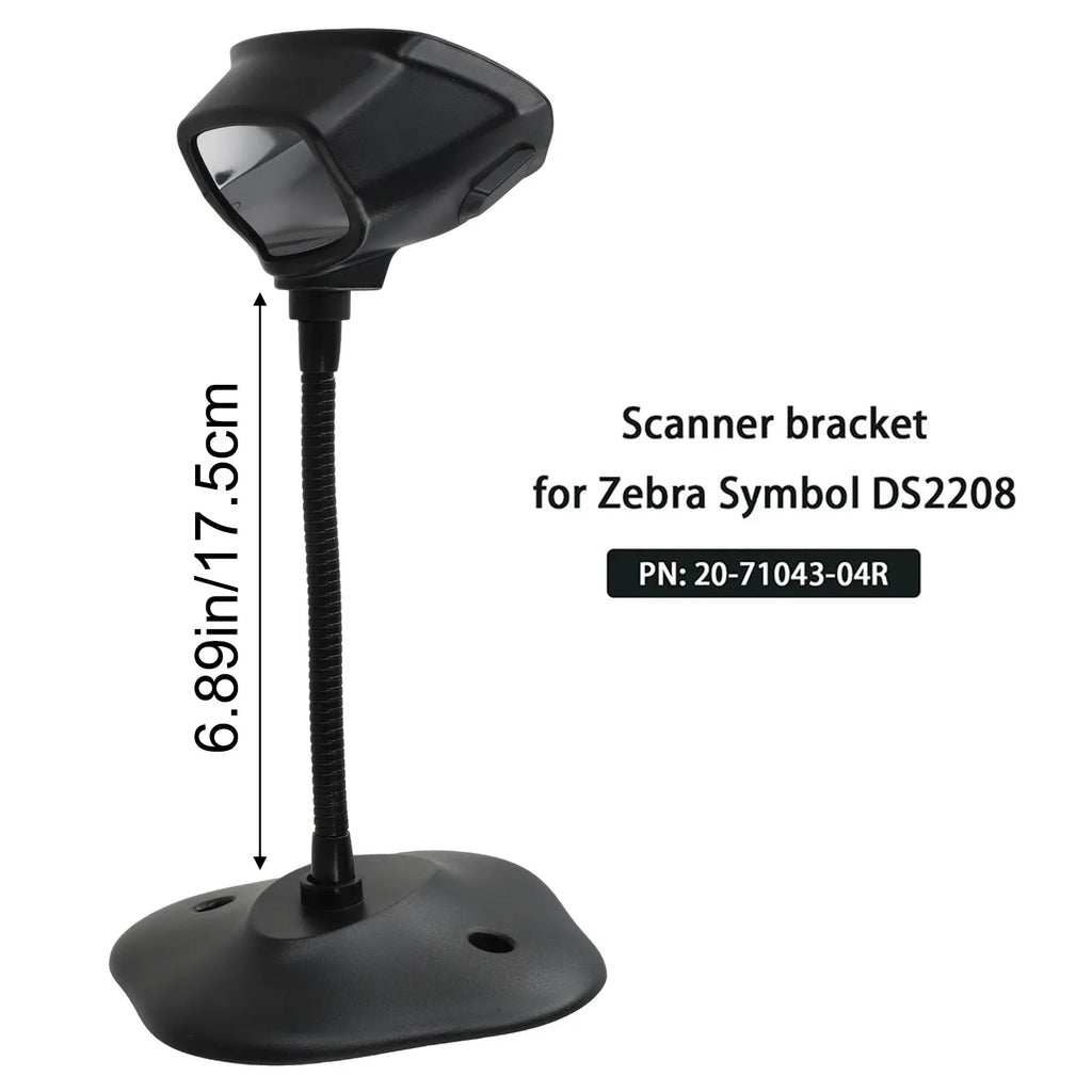 Black scanner bracket stand with cradle, flexible neck, and height measurement label