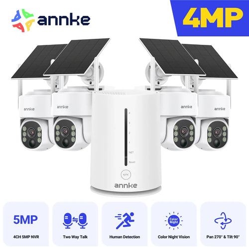 White wireless solar security camera kit with four cameras, solar panels, and battery NVR hub.